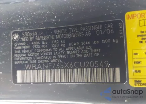 2006 BMW 530Xi из США, поврежденный, VIN WBANF735X6CU20549